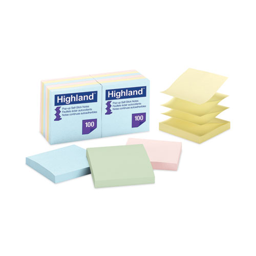 Highland™ Self-Stick Accordion-Style Notes, 3" X 3", Assorted Pastel Colors, 100 Sheets/Pad, 12 Pads/Pack