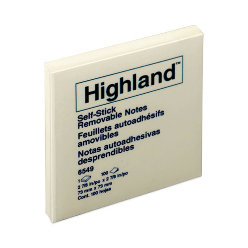 Image of Highland™ Self-Stick Notes, 3" X 3", Yellow, 100 Sheets/Pad, 12 Pads/Pack