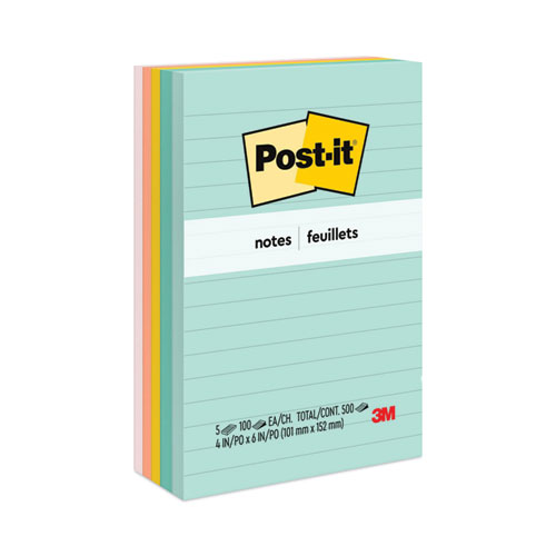 Post-it® Notes Original Pads in Beachside Cafe Collection Colors, Note Ruled, 4" x 6", 100 Sheets/Pad, 5 Pads/Pack