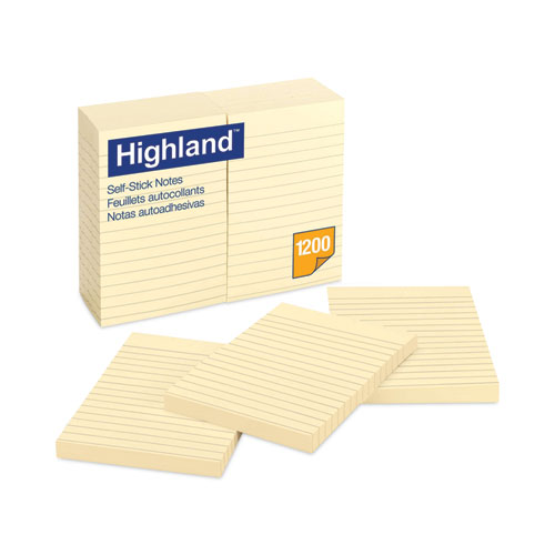 Image of Self-Stick Notes, Note Ruled, 4" x 6", Yellow, 100 Sheets/Pad, 12 Pads/Pack