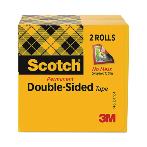 Image of Scotch® Double-Sided Tape, 1" Core, 0.5" X 75 Ft, Clear, 2/Pack