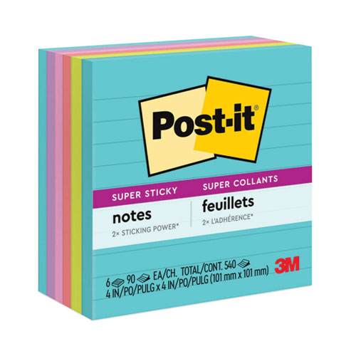 Post-it® Notes Super Sticky Pads in Supernova Neon Collection Colors, Note Ruled, 4" x 4", 90 Sheets/Pad, 6 Pads/Pack