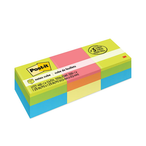 Post-it® Notes Mini Cubes, 1.88" x 1.88", Green Wave and Orange Wave Collections, 400 Sheets/Cube, 3 Cubes/Pack