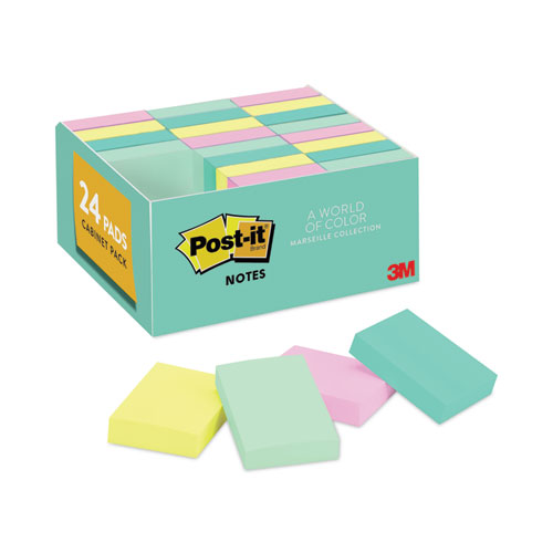 Post-It® Notes Original Pads In Beachside Cafe Collection Colors, Value Pack, 1.38" X 1.88", 100 Sheets/Pad, 24 Pads/Pack