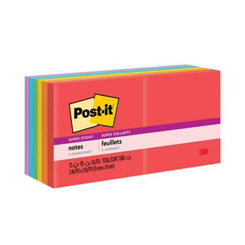 Post-it® Notes Super Sticky Pads in Playful Primary Collection Colors, 3" x 3", 90 Sheets/Pad, 12 Pads/Pack
