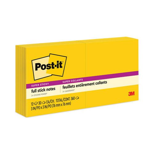 Post-it® Notes Super Sticky Full Stick Notes, 3" x 3", Electric Yellow, 25 Sheets/Pad, 12 Pads/Pack
