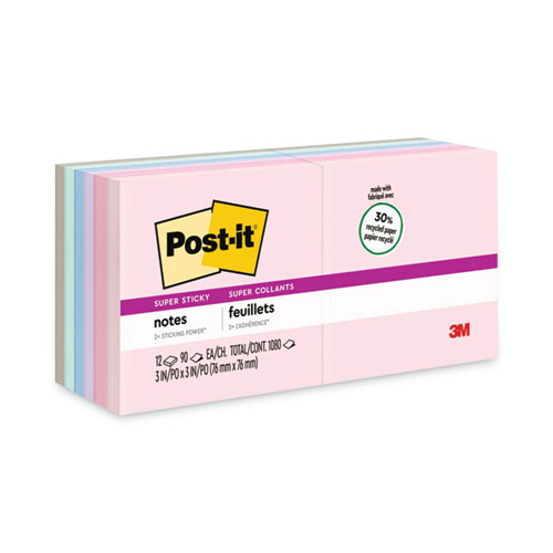 Post-It® Notes Super Sticky Recycled Notes In Wanderlust Pastels Collection Colors, 3" X 3", 90 Sheets/Pad, 12 Pads/Pack