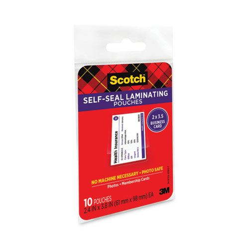 Image of Scotch™ Self-Sealing Laminating Pouches, 9.5 Mil, 3.88" X 2.44", Gloss Clear, 25/Pack