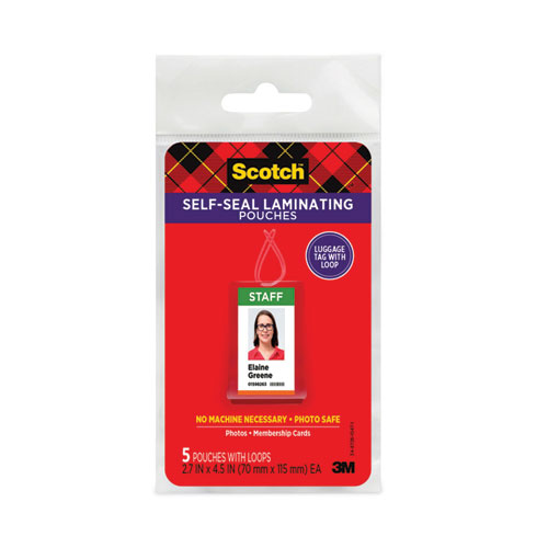 Scotch™ Self-Sealing Laminating Pouches, 12.5 mil, 2.81" x 4.5", Gloss Clear, 5/Pack