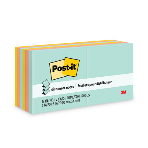 Post-It® Dispenser Notes Original Pop-Up Refill Value Pack, 3" X 3", Beachside Cafe Collection Colors, 100 Sheets/Pad, 12 Pads/Pack