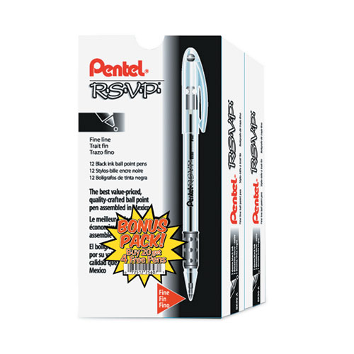 Image of Pentel® R.S.V.P. Ballpoint Pen Value Pack, Stick, Fine 0.7 Mm, Black Ink, Clear/Black Barrel, 24/Pack