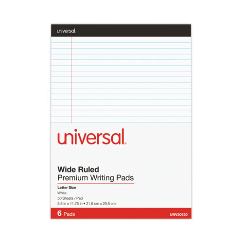 Image of Universal® Premium Ruled Writing Pads With Heavy-Duty Back, Wide/Legal Rule, Black Headband, 50 White 8.5 X 11 Sheets, 6/Pack