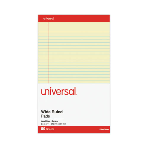 Image of Universal® Perforated Ruled Writing Pads, Wide/Legal Rule, Red Headband, 50 Canary-Yellow 8.5 X 14 Sheets, Dozen