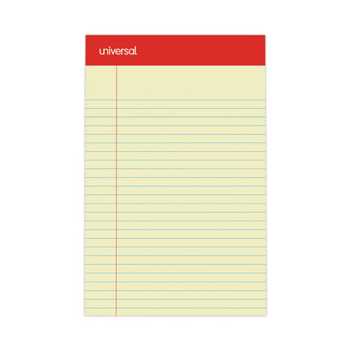 Universal® Perforated Ruled Writing Pads, Narrow Rule, Red Headband, 50 Canary-Yellow 5 x 8 Sheets, Dozen