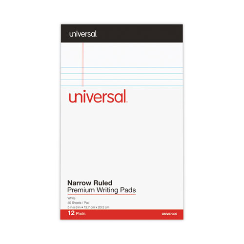 Image of Universal® Premium Ruled Writing Pads With Heavy-Duty Back, Narrow Rule, Black Headband, 50 White 5 X 8 Sheets, 12/Pack