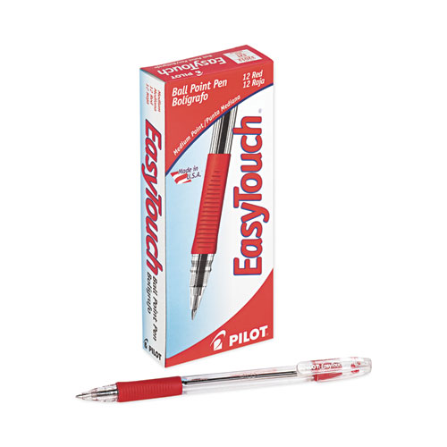 Image of Pilot® Easytouch Ballpoint Pen, Stick, Medium 1 Mm, Red Ink, Clear Barrel, Dozen