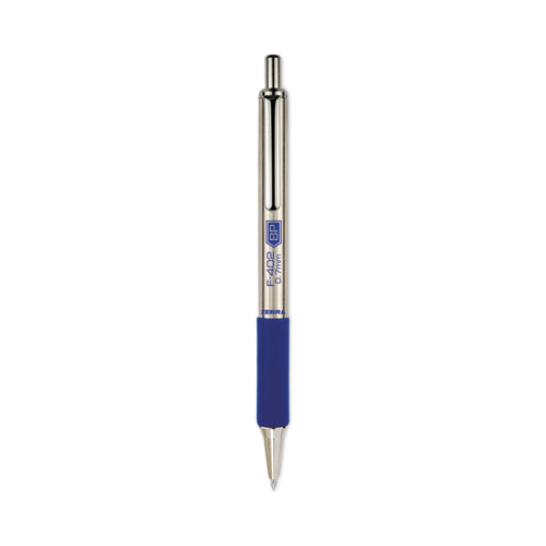 Zebra® F-402 Ballpoint Pen, Retractable, Fine 0.7 Mm, Blue Ink, Stainless Steel/Blue Barrel, 2/Pack