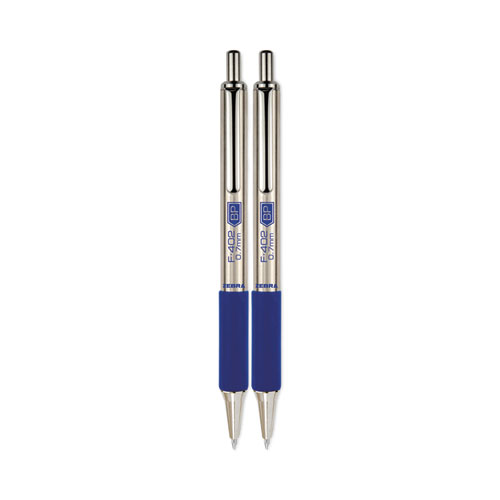 F-402 Ballpoint Pen, Retractable, Fine 0.7 mm, Blue Ink, Stainless Steel/Blue Barrel, 2/Pack