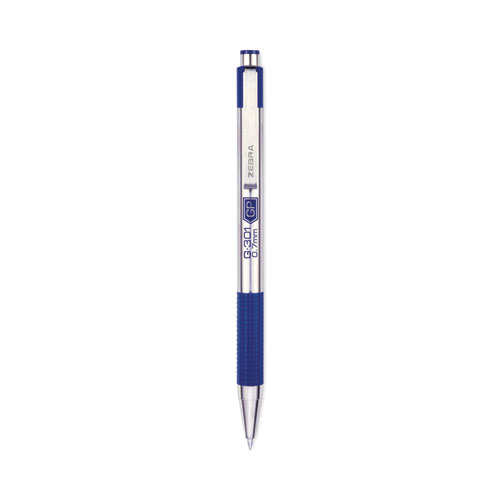 Zebra® G-301 Gel Pen, Retractable, Medium 0.7 Mm, Blue Ink, Stainless Steel/Blue Barrel