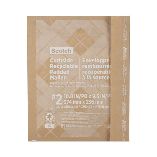 Image of Scotch™ Curbside Recyclable Padded Mailer, #2, Bubble Cushion, Self-Adhesive Closure, 11.25 X 12, Natural Kraft, 100/Carton