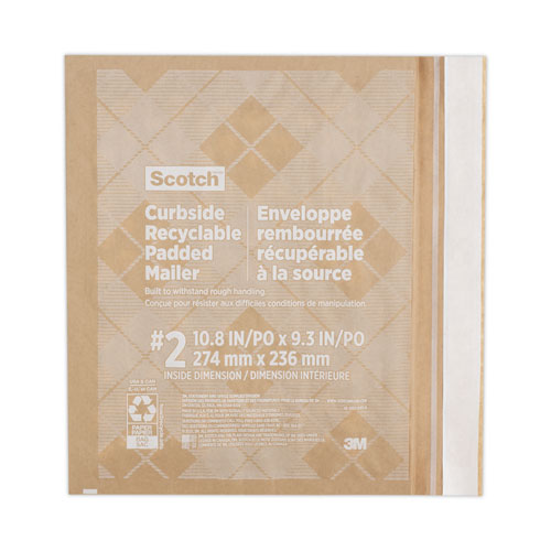 Curbside Recyclable Padded Mailer, #2, Bubble Cushion, Self-Adhesive Closure, 11.25 x 12, Natural Kraft, 100/Carton