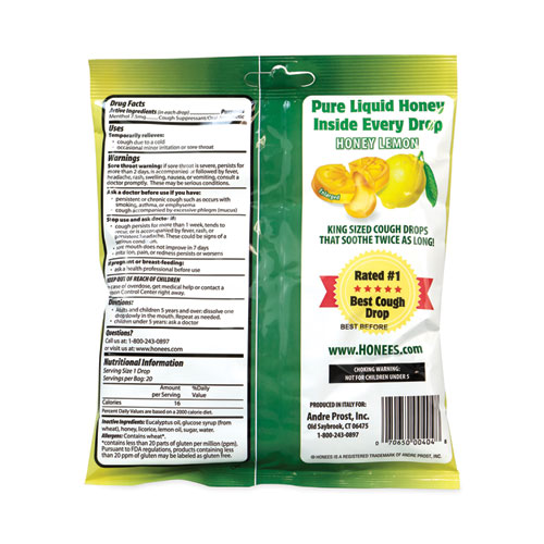 Image of Honees® Cough Drops, Honey-Lemon, 20 Per Bag, 6 Bags/Pack, Ships In 1-3 Business Days