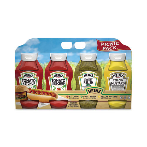 Image of Heinz Ketchup, Mustard And Relish Picnic Pack, 2 Ketchup, Mustard, Relish, 4 Bottles/Carton, Ships In 1-3 Business Days