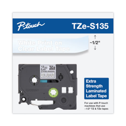 Image of Brother P-Touch® Tz Extra-Strength Adhesive Laminated Labeling Tape, 0.47" X 26.2 Ft, White On Clear
