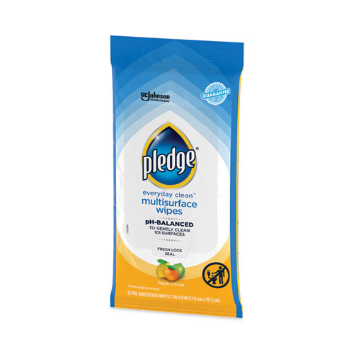 Image of Pledge® Multi-Surface Cleaner Wet Wipes, Cloth, 7 X 10, Fresh Citrus, White, 25/Pack, 12 Packs/Carton