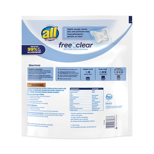Image of All® Mighty Pacs Free And Clear Super Concentrated Laundry Detergent, 39/Pack, 6 Packs/Carton