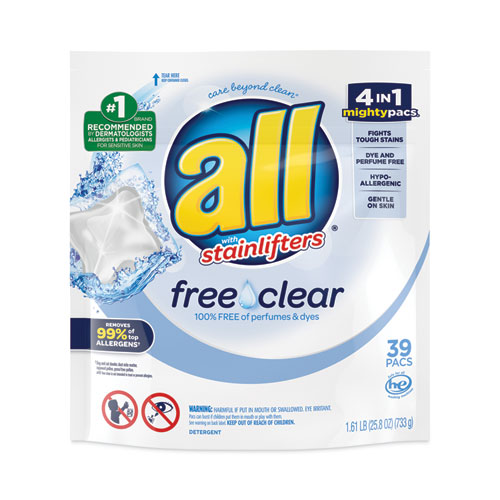 Mighty Pacs Free and Clear Super Concentrated Laundry Detergent, 39/Pack, 6 Packs/Carton