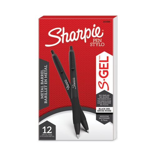 Image of Sharpie® S-Gel™ S-Gel Premium Metal Barrel Gel Pen, Retractable, Medium 0.7 Mm, Black Ink, Black Barrel, Dozen