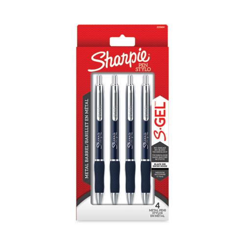 Image of Sharpie® S-Gel™ S-Gel Premium Metal Barrel Gel Pen, Retractable, Medium 0.7 Mm, Black Ink, Blue Barrel, 4/Pack