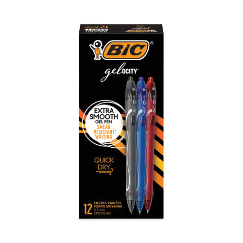 BIC® Gel-ocity Quick Dry Gel Pen, Retractable, Fine 0.7 mm, 12 Assorted Ink and Barrel Colors, Dozen