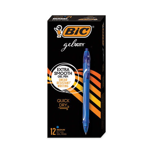 Bic® Gel-Ocity Quick Dry Gel Pen, Retractable, Medium 0.7 Mm, Blue Ink, Blue Barrel, Dozen