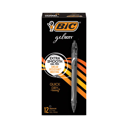 Bic® Gel-Ocity Quick Dry Gel Pen, Retractable, Medium 0.7 Mm, Black Ink, Black Barrel, Dozen