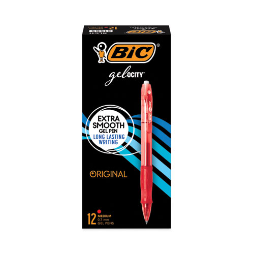 BIC® Gel-ocity Gel Pen, Retractable, Medium 0.7 mm, Red Ink, Translucent Red Barrel, Dozen