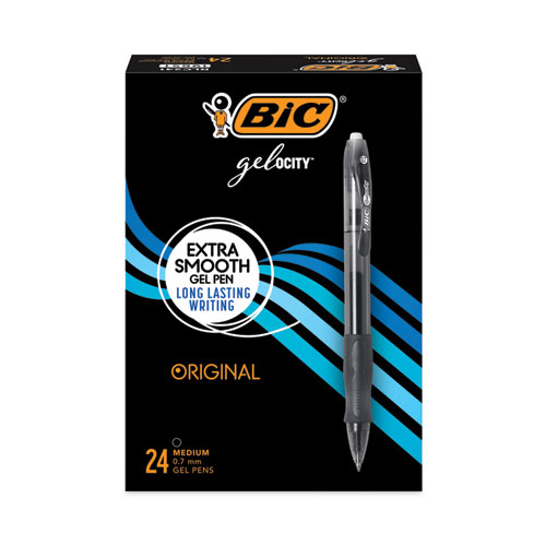 Image of Bic® Gel-Ocity Gel Pen Value Pack, Retractable, Medium 0.7 Mm, Black Ink, Black Barrel, 24/Pack