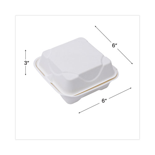 Bagasse Hinged Clamshell Containers, 6 x 6 x 3, White, Sugarcane, 50/Pack, 10 Packs/Carton