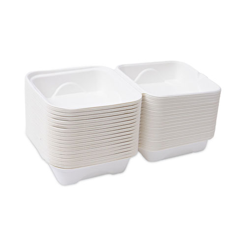 Bagasse Hinged Clamshell Containers, 6 x 6 x 3, White, Sugarcane, 50/Pack, 10 Packs/Carton