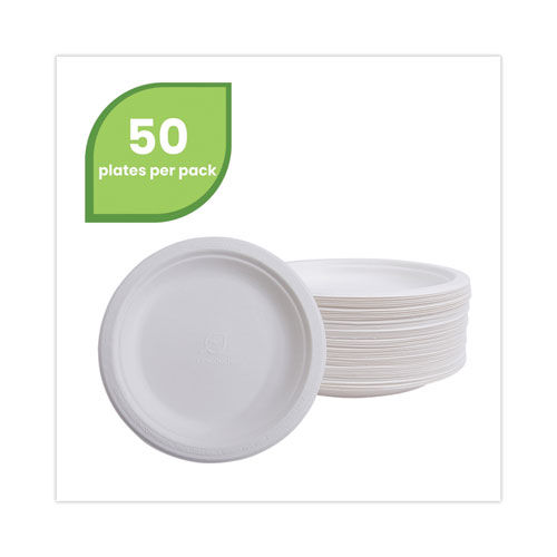 Renewable Sugarcane Dinnerware, Plate, 10" dia, Natural White, 50/Pack