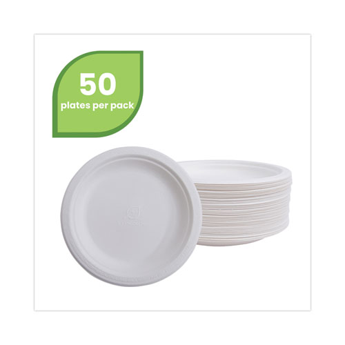 Renewable Sugarcane Plates Convenience Pack, 6" dia, Natural White, 50/Pack
