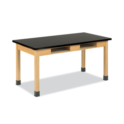 Classroom Book Compartment Science Table, 72w x 24d x 30h, Black Epoxy Resin Top, Oak Base