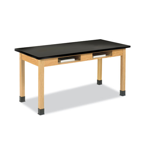 Classroom Book Compartment Science Table, 60w x 24d x 30h, Black Epoxy Resin Top, Oak Base