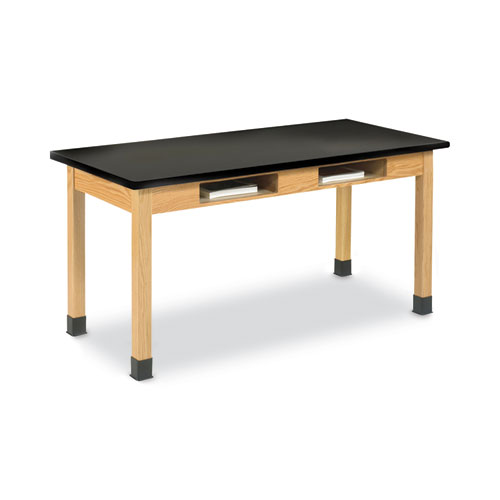 Classroom Book Compartment Science Table, 60w x 24d x 30h, Black Phenolic Resin Top, Oak Base