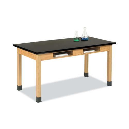 Classroom Book Compartment Science Table, 60w x 30d x 30h, Black High Pressure Laminate (HPL) Top, Oak Base