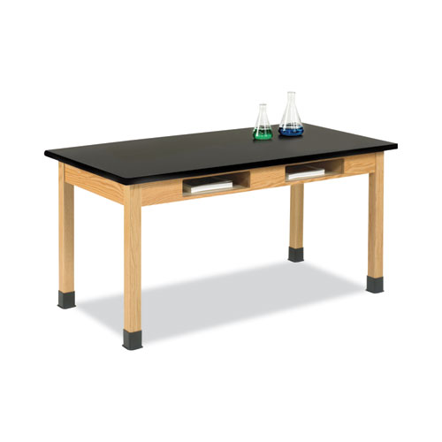 Classroom Book Compartment Science Table, 60w x 30d x 36h, Black High Pressure Laminate (HPL) Top, Oak Base