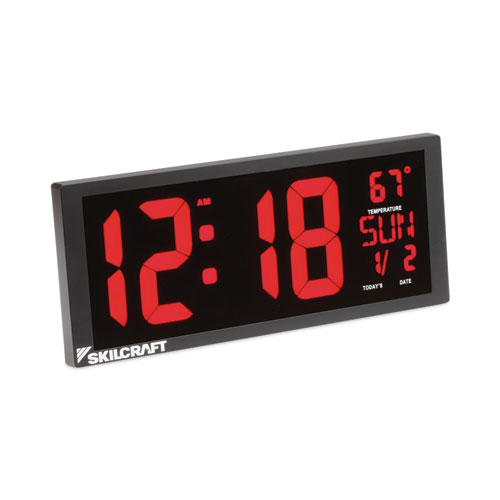 6645016988079 SKILCRAFT LED Self-set Digital Clock, 14.4" x 5.9", Black Case, AC Powered, 2 AA (sold separately)