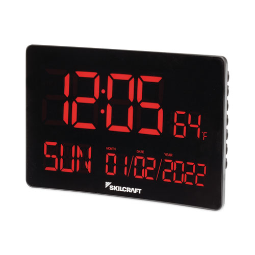 6645016988078 SKILCRAFT LED Self-set Digital Clock, 9.7" x 6.3", Black Case, AC Powered, 1 CR2032 (included)
