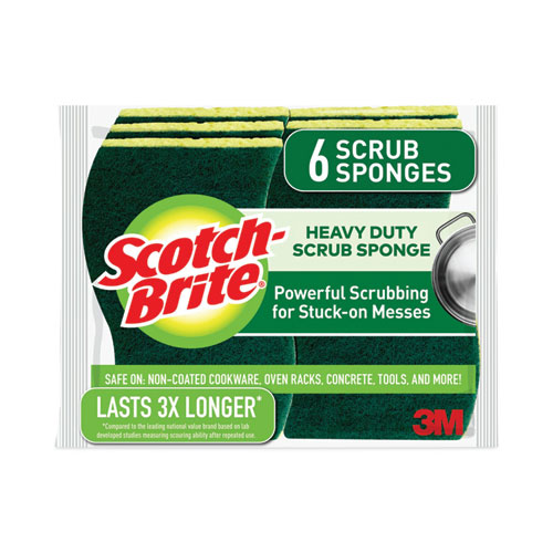 Image of Scotch-Brite® Heavy-Duty Scrub Sponge, 4.5 X 2.7, 0.6" Thick, Yellow/Green, 6/Pack